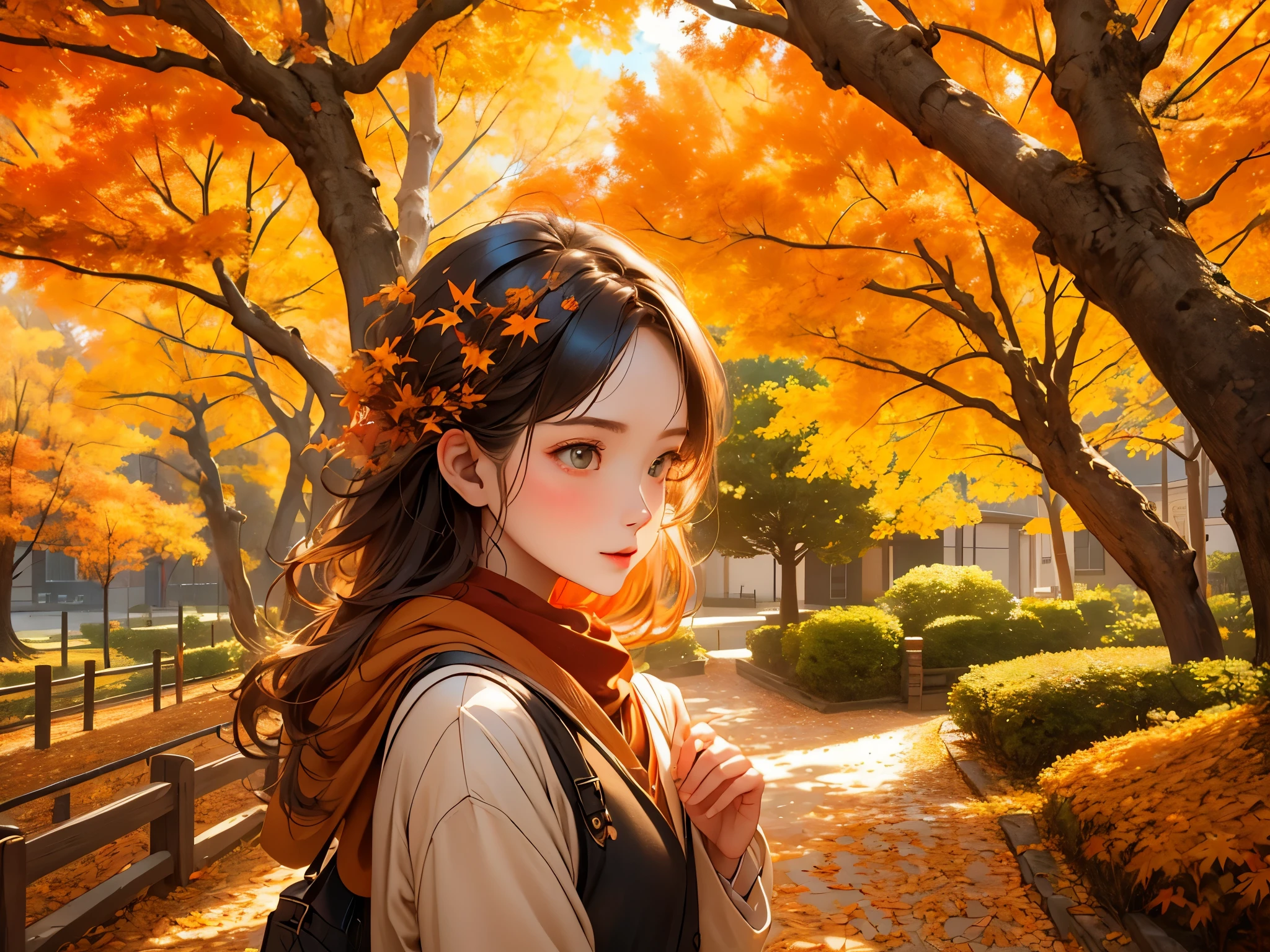 (best quality,4k,8k,highres,masterpiece:1.2),ultra-detailed,(realistic,photorealistic,photo-realistic:1.37),long-haired girl,picks up fallen leaves,autumn street with fallen leaves,leaves flying in the air,streets lined with trees,golden and orange color tones,rays of sunlight filtering through the tree branches,soft and warm lighting,beautiful detailed eyes,beautiful detailed lips,golden autumn glow,vivid colors,Autumn setting,crisp air,gentle breeze,fallen leaves swirling in the wind,quiet and peaceful atmosphere,nature's beauty,impressive texture of fallen leaves,realistic depiction of nature,joyful expression on girl's face,calm and serene backdrop,leaves twirling balletic in the air,dancing with the wind,distinct crunching sound beneath her feet,nature's symphony,harmony with surroundings,dynamic and lively scene,tranquil ambiance,intimate connection with nature,blissful moment of pure happiness.