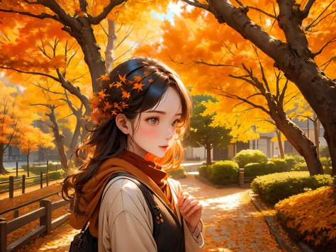 a girl picks up fallen leaves from the ground and sends them flying in the air. the scene takes place in autumn, with the street...