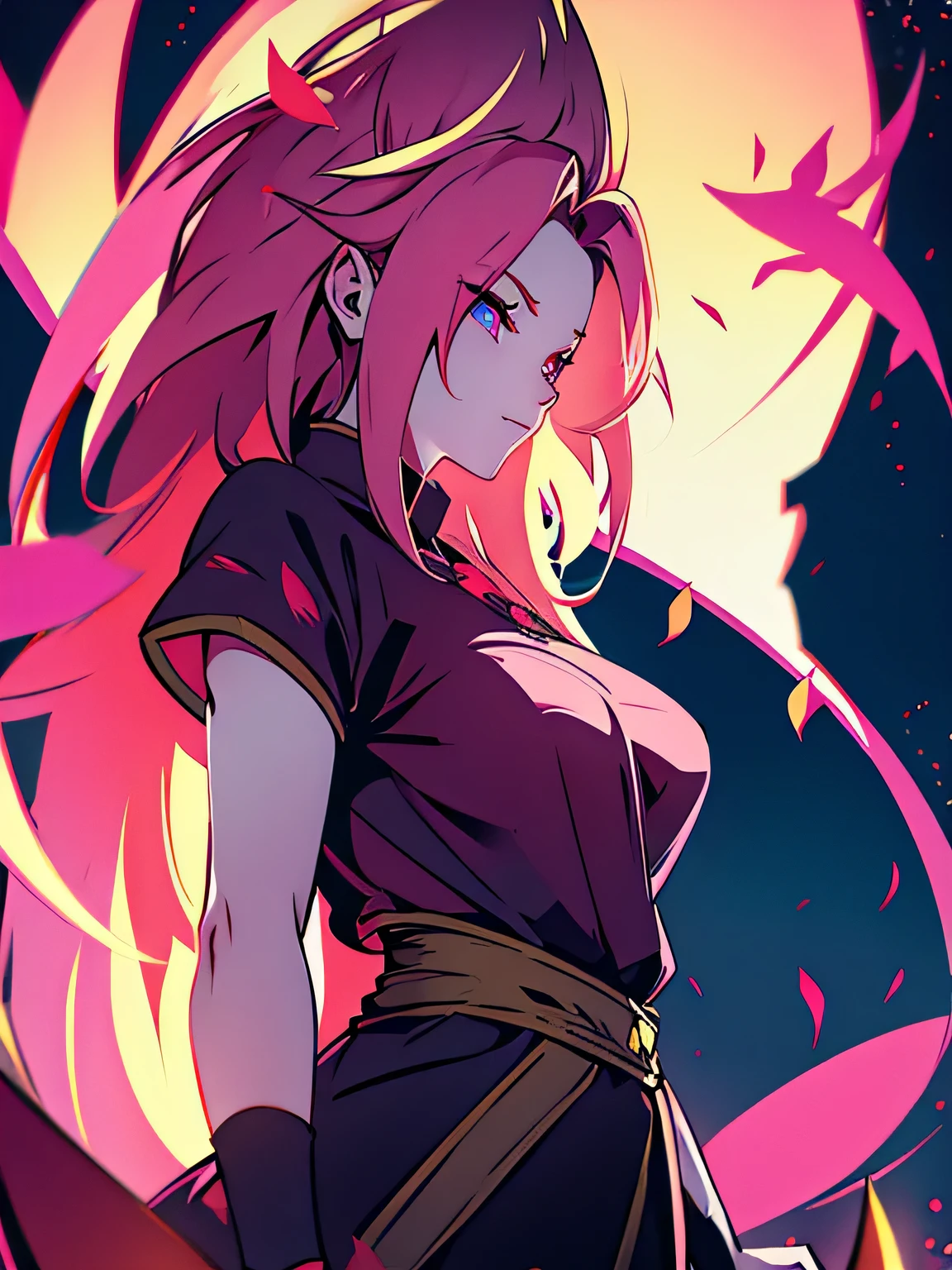 ultra-detailed, super-sayajin ultra woman, pink hair, violet eyes and painted around the eyes, black clothes with red decorations, the clothes have a drawing of a dragon, cosmos setting, face, ethereal lighting, mystical atmosphere, vibrant colors