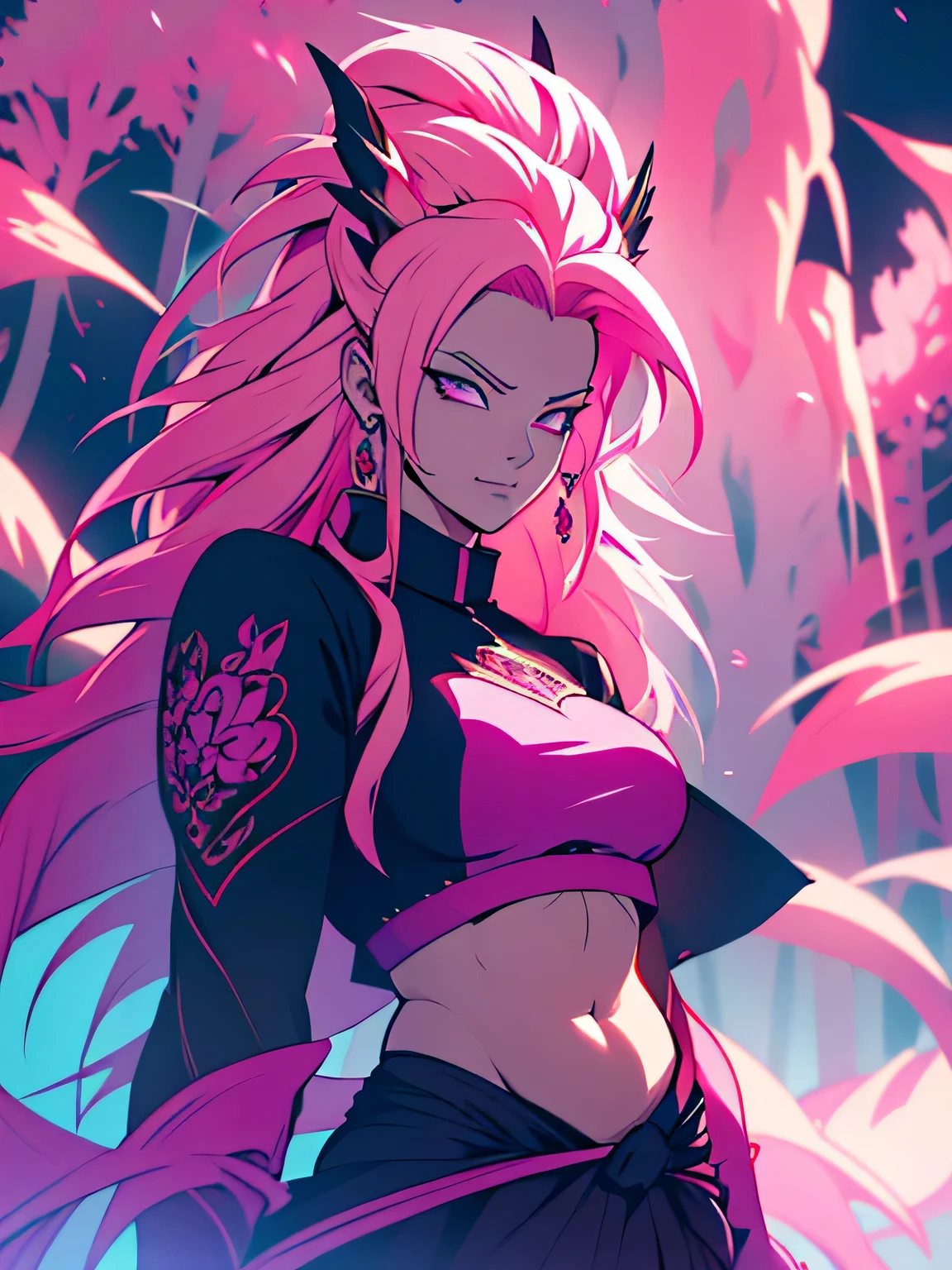 ultra-detailed, super-sayajin ultra woman, pink hair, long hair, violet eyes painted around her eyes, wears only one earring in one ear, black clothes with pink decorations, the clothes have a drawing of a dragon in red, her belly is from outside, cosmos scenery, face, ethereal lighting, mystical atmosphere, vibrant colors