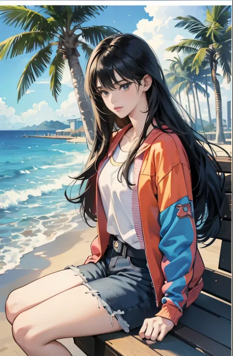 very colorful, Pop feel, orange and indigo tones, summer image, Palm tree, seaside, anime woman with long black hair, Around 25 years old, wearing a jacket, blue jeans, perfect tall model body, cool beauty, That will happen, Anime drawing by Yang J, Trendi...