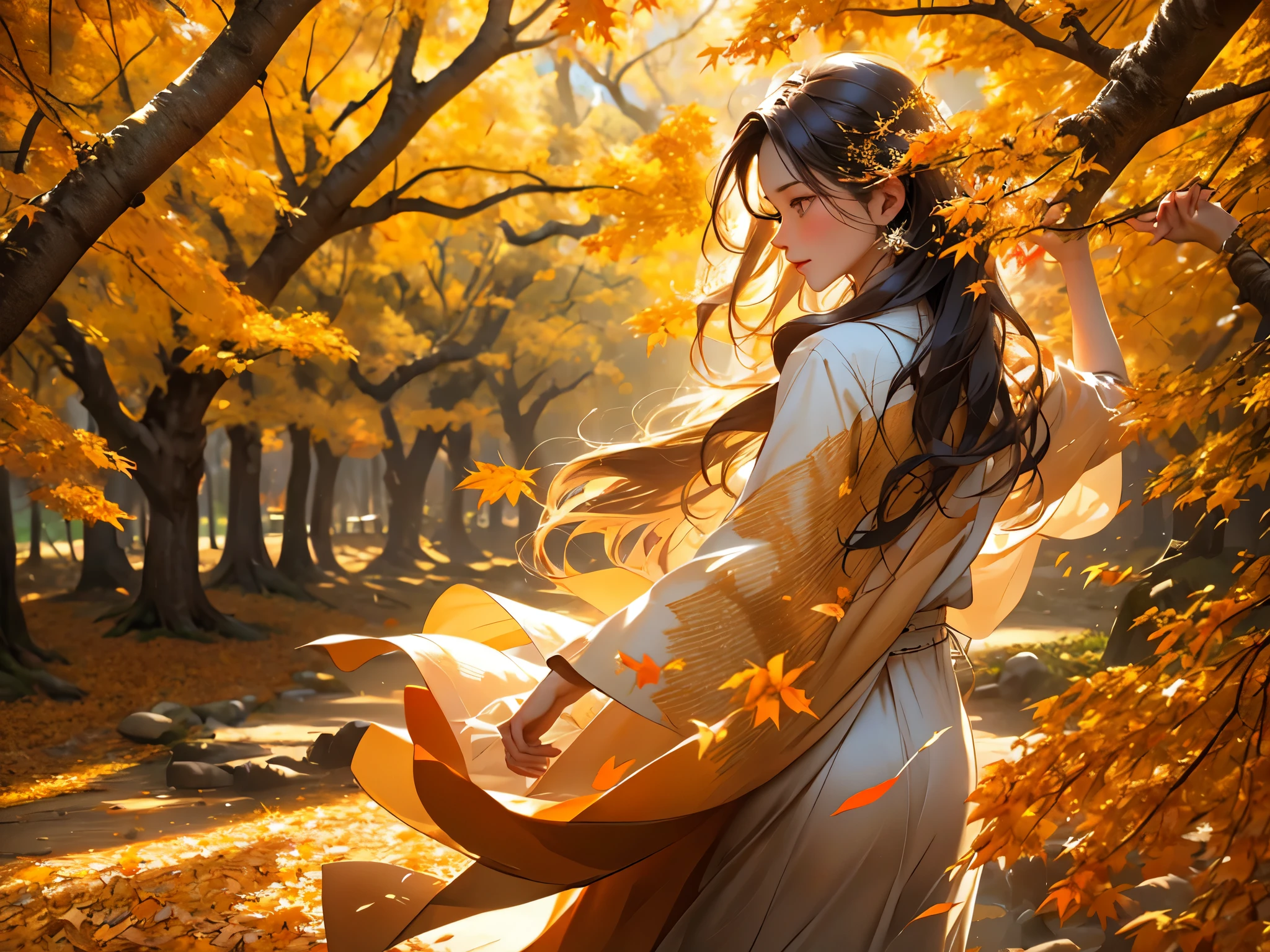 (best quality,4k,8k,highres,masterpiece:1.2),ultra-detailed,(realistic,photorealistic,photo-realistic:1.37),long-haired girl,picks up fallen leaves,autumn street with fallen leaves,leaves flying in the air,streets lined with trees,golden and orange color tones,rays of sunlight filtering through the tree branches,soft and warm lighting,beautiful detailed eyes,beautiful detailed lips,golden autumn glow,vivid colors,Autumn setting,crisp air,gentle breeze,fallen leaves swirling in the wind,quiet and peaceful atmosphere,nature's beauty,impressive texture of fallen leaves,realistic depiction of nature,joyful expression on girl's face,calm and serene backdrop,leaves twirling balletic in the air,dancing with the wind,distinct crunching sound beneath her feet,nature's symphony,harmony with surroundings,dynamic and lively scene,tranquil ambiance,intimate connection with nature,blissful moment of pure happiness.