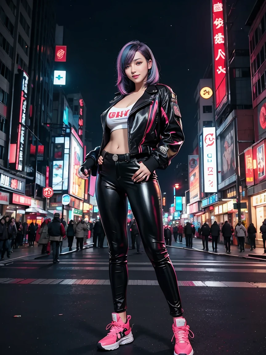 Incredibly ridiculous absolute resolution, Super detailed, official art, 8k wallpaper, masterpiece, (cyberpunk:1.2), (neon lights;1.4), whole body, (glowing building:1.5), starry sky,
rest
white leather jacket, black leather pants,
rest
(multi color hair:1.4), black hair, (huge:1.5), smile, smile shyly, mysterious aura,