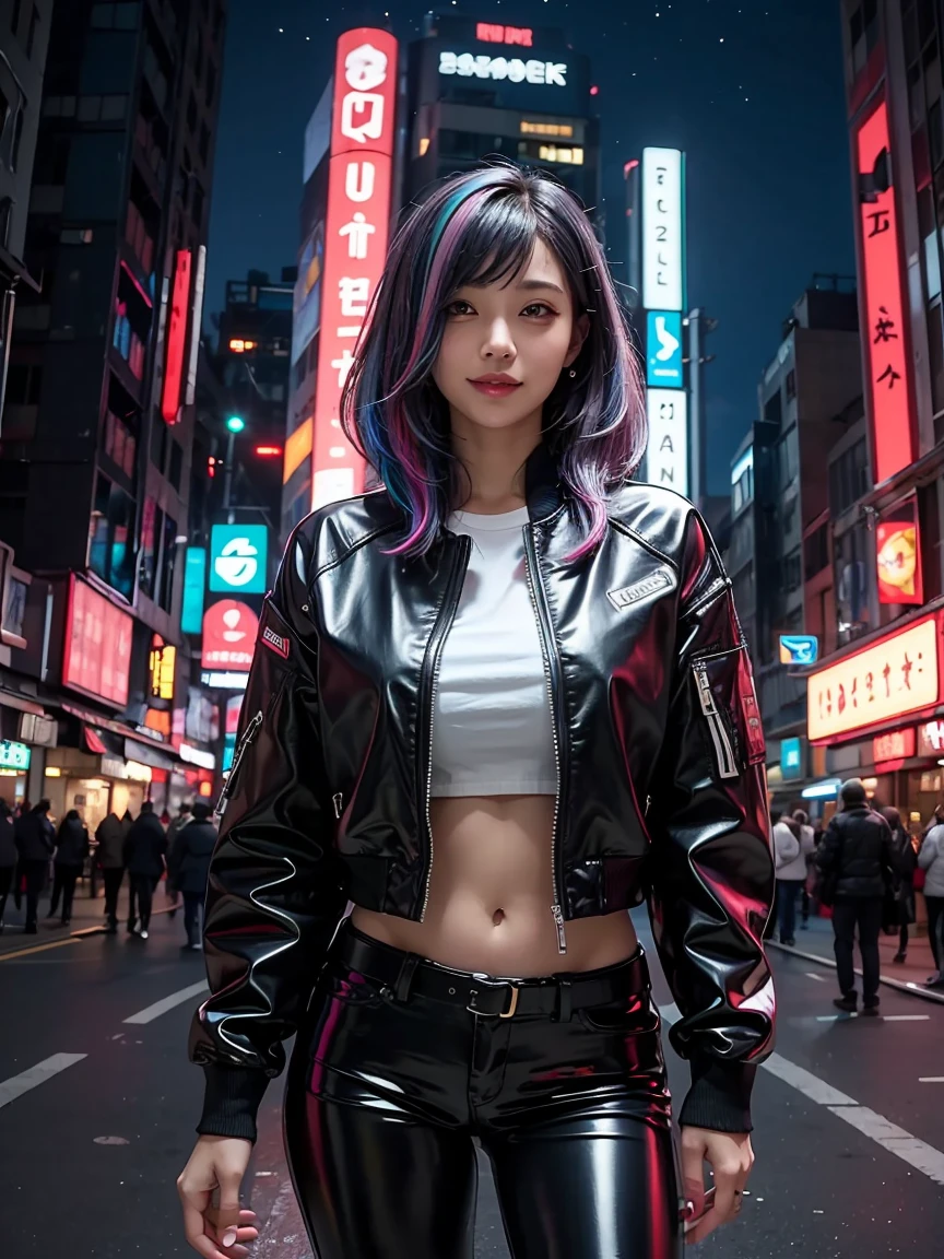 Incredibly ridiculous absolute resolution, Super detailed, official art, 8k wallpaper, masterpiece, (cyberpunk:1.2), (neon lights;1.4), whole body, (glowing building:1.5), starry sky,
rest
white leather jacket, black leather pants,
rest
(multi color hair:1.4), black hair, (huge:1.5), smile, smile shyly, mysterious aura,