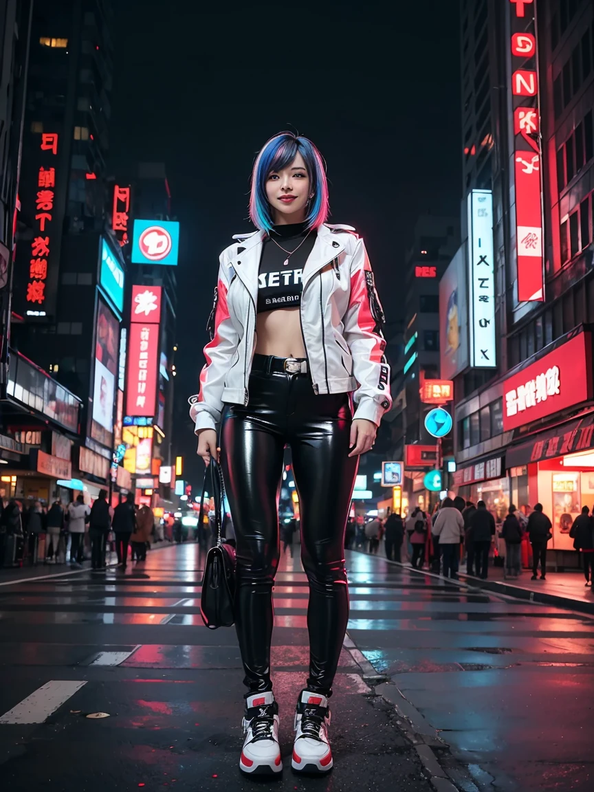 Incredibly ridiculous absolute resolution, Super detailed, official art, 8k wallpaper, masterpiece, (cyberpunk:1.2), (neon lights;1.4), whole body, (glowing building:1.5), starry sky,
rest
white leather jacket, black leather pants,
rest
(multi color hair:1.4), black hair, (huge:1.5), smile, smile shyly, mysterious aura,