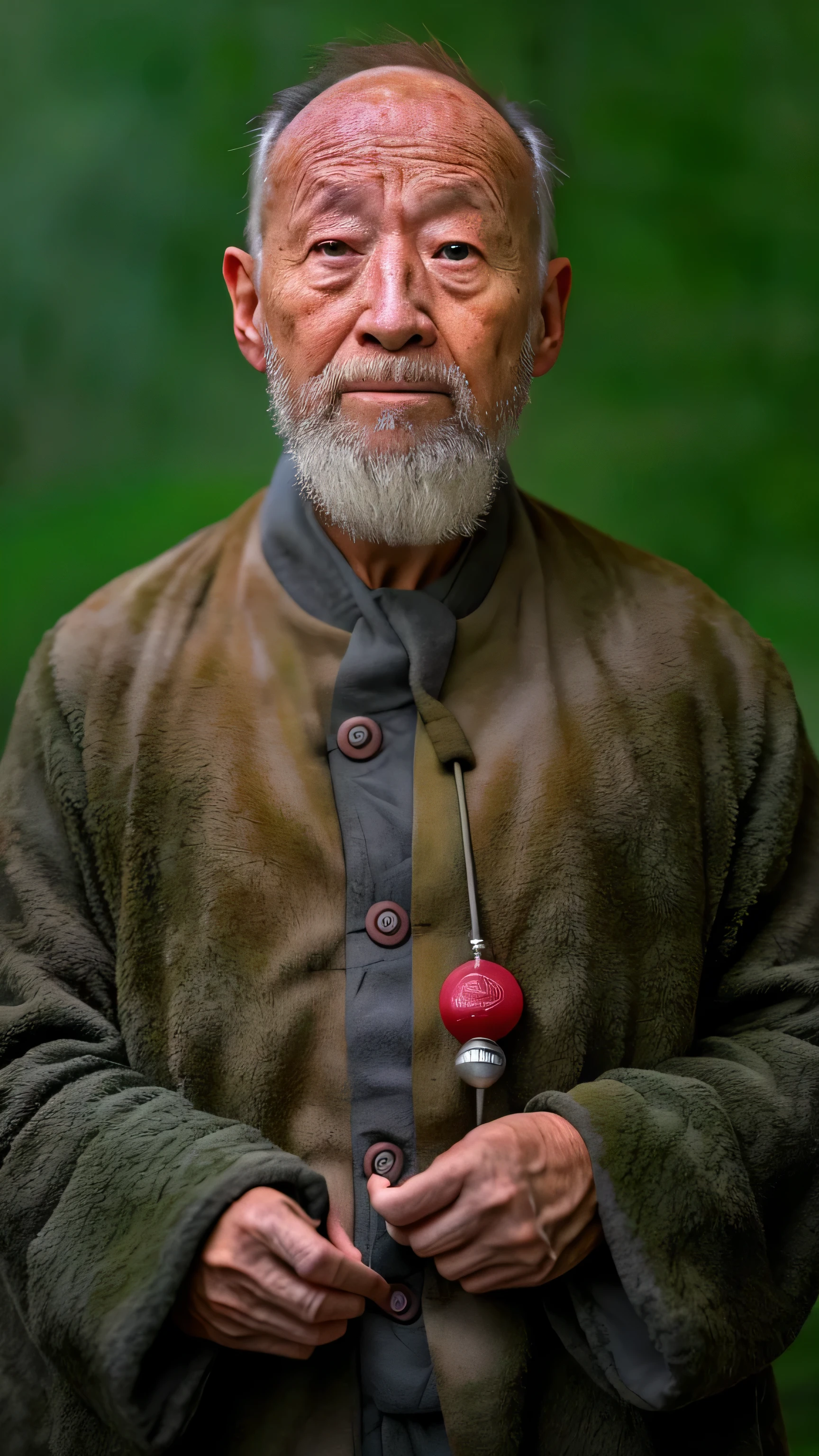 Un anciano con una bata，de cerca，tiro cercano，bajo arboles verdes，suave luz del sol，resolución 4k，Calidad de imagen con colores vivos，detalles en alta definición，fotografía japonesa，cámara facial