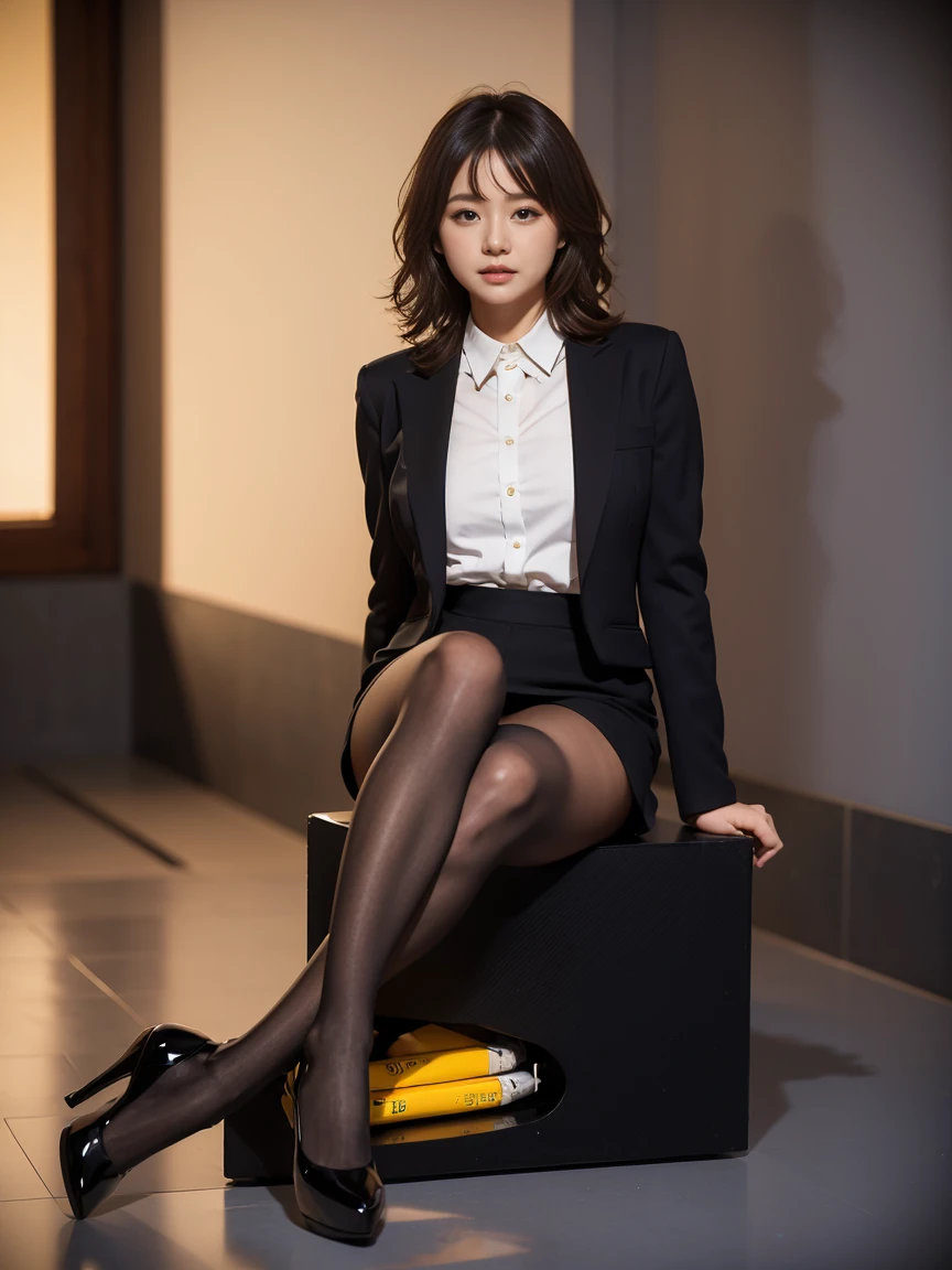 Best quality, masterpiece, ultra high res, a pair of ggx heels, 1girl, solo, black business suit, pencil skirt, black pantyhose, black footwear, 