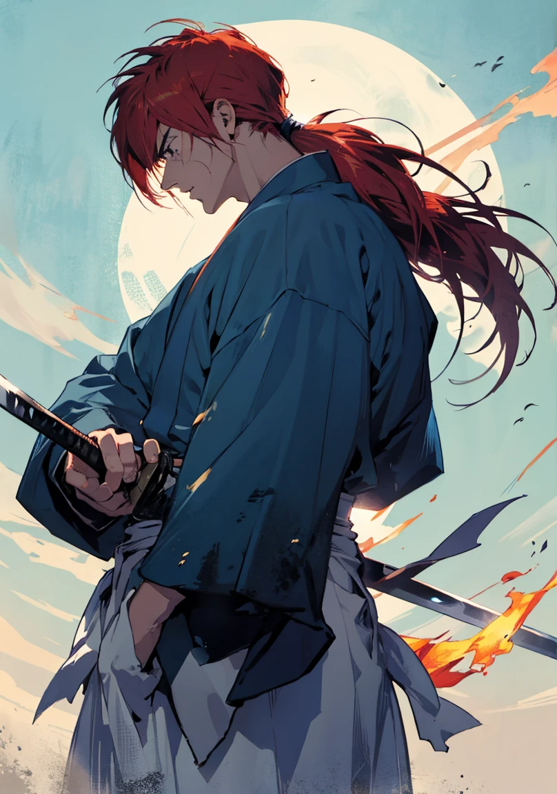 Design amazing postereatures kenshin as the protagonist "Rurouni Kenshin" In the heat of the moment. Capture the essence of his burning determination and indomitable spirit. For he unleashed his anger. Action with katana, Keep it short, Bold, And strongly convey the raw power of Kenshin's anger. Long Hair, ponytail, Red Hair, 1katana, white hakama, red kimono, cross sign in left cheek,  {The perfect sword, samurai, Straight Katana, Holding a straight sword}