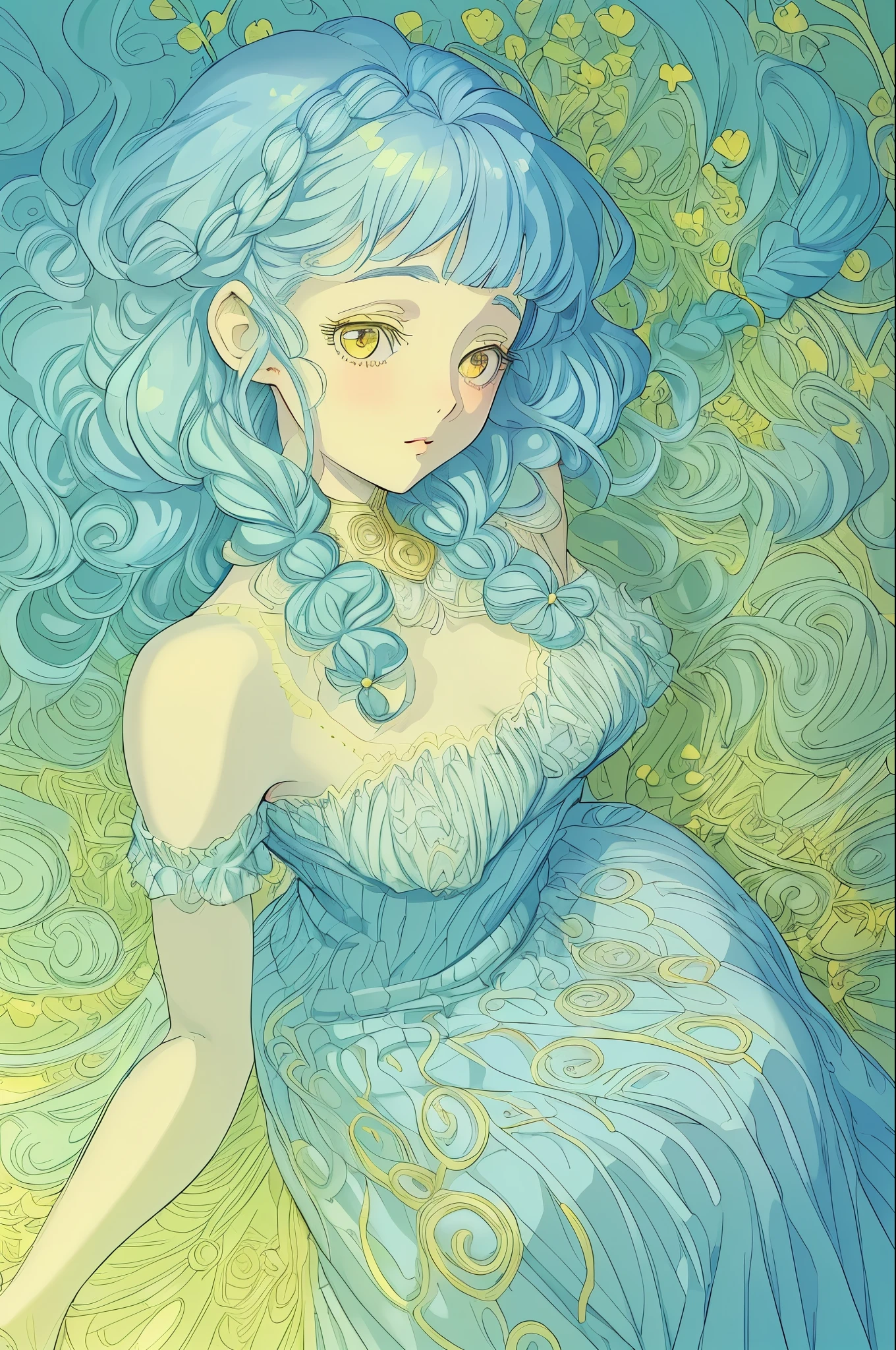 flower girl in eco-friendly couture clothing in vintage anime style beautiful symmetrical face pale skin blue short hair and braids airy curly hair almond-shaped golden eyes detailed line art fine details exquisitely eco-friendly atmosphere of soft blue and yellow pastels free full-length pose