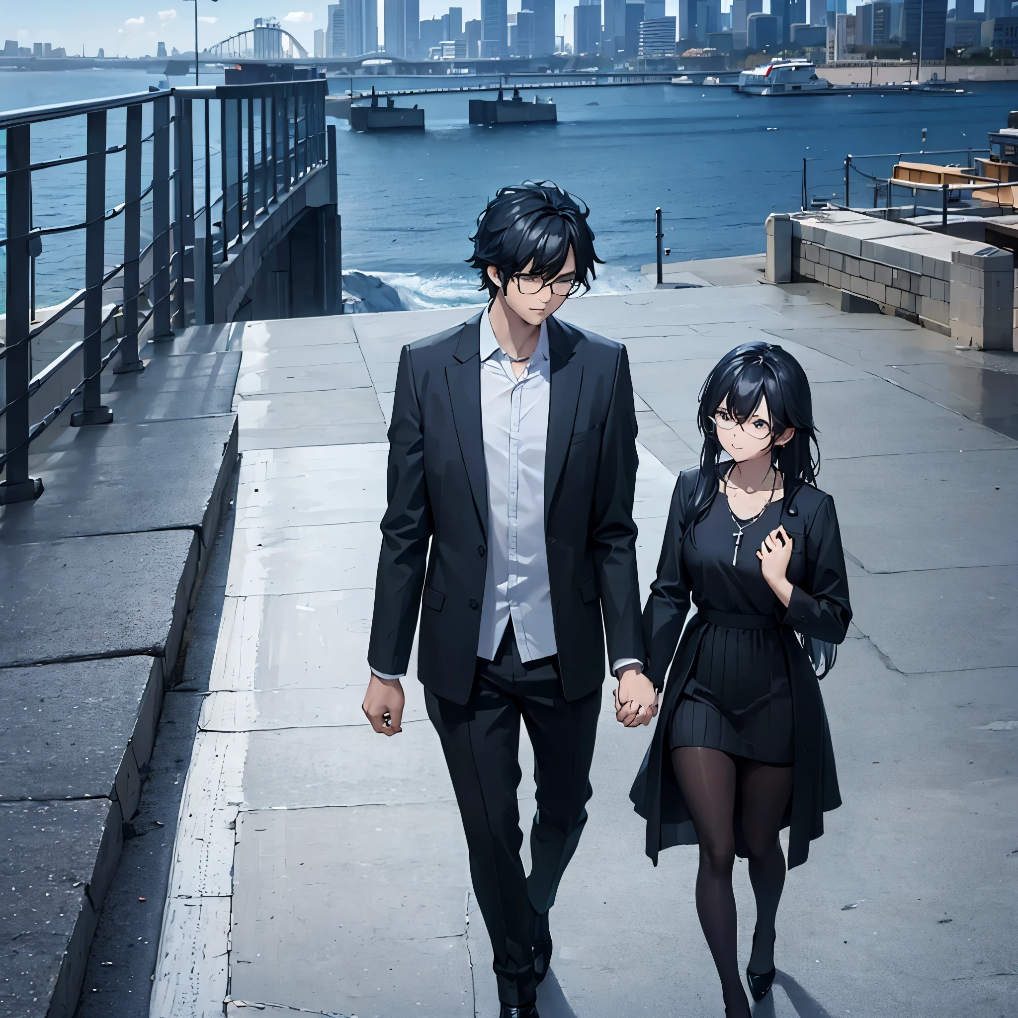 a man in black casual wear holding a woman's hand strolling around sydney opera house inside
