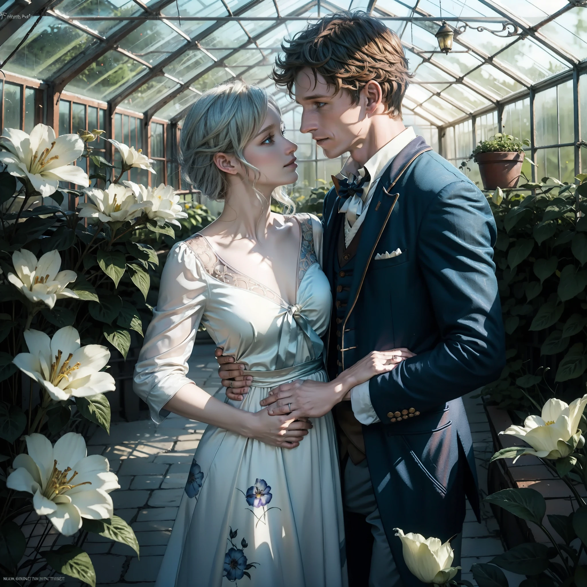 Eddie Redmayne Newt scamander from fantastic animals hugging a white middle haired girl, Romantic couple happy, in a greenhouse with colorful flowers, (girl must have blue clothes), anatomy correct, Delicate pattern，Ink painting style, Clean colors, Soft lighting, (Bokeh)，Masterpiece, Super detailed, Epic composition, Highest quality, 8K.