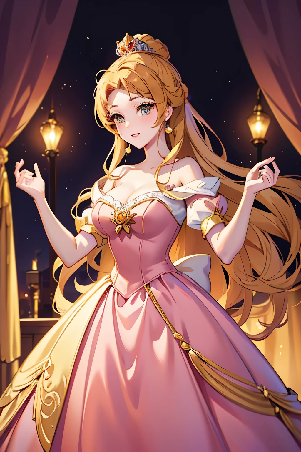 A princess in a Disney-style pink evening dress stands gracefully in front of a charming castle. Her dress is adorned with intricate scarlet red heart details, embroidered all over, adding a touch of romance to the scene. The dress, made of luxurious lace and delicate ruffles, enhances the princess's elegance and femininity. The princess's eyes shimmer with beauty, highlighted by long, enchanting eyelashes. Her lips are perfectly shaped and exude a soft and inviting charm.

The entire scene is of the highest quality and precision, crafted with meticulous attention to detail. Every element, from the princess's dress to the castle in the background, is ultra-detailed, capturing the beauty and intricacies of the Disney style. The colors are vivid and captivating, with a warm and enchanting color palette that adds to the magical atmosphere.

As the sunlight fades, the scene is bathed in the soft glow of studio lighting. The illumination accentuates the princess's radiance and creates a dreamy ambiance. The composition and framing are carefully curated, presenting the princess as the center of attention while incorporating the majestic beauty of the castle in the backdrop.

With this prompt, the Stable Diffusion model will generate a high-quality image depicting a princess in a Disney-style pink evening dress, exuding elegance and charm as she stands in front of a charming castle. The intricate scarlet red heart details on her dress, along with lace and ruffles, add to the pompous and enchanting atmosphere of the scene. The overall result will be a masterpiece, a mesmerizing artwork worthy of a fairy tale.