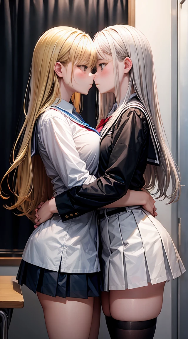 Two teenage girls，angry look，equivalent height，In the classroom，black and blonde hair，Facing each other and staring，hug each other，The two bodies are close to each other，kiss、Picture of two people、Holding hands and facing each other、Photograph of two people facing each other、Push each other、Stick your boobs and  together、super big breasts、uniform、high school girl