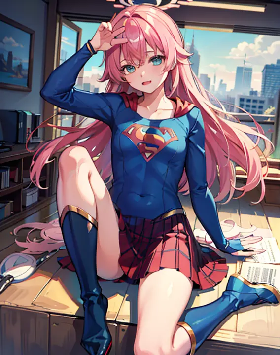 ((highest quality, masterpiece, disorganized) ，supergirl，Beッドで仰向けに寝ている，Crab crotch，please show me your boots , 17 years old,long...