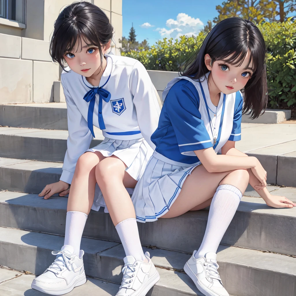 masterpiece,girl, solo, shining eyes, white sneakers, uniform, mini skirt, white panties, white knee socks, masterpiece, highest quality, real, Super detailed, blue sky, Sit on concrete stairs