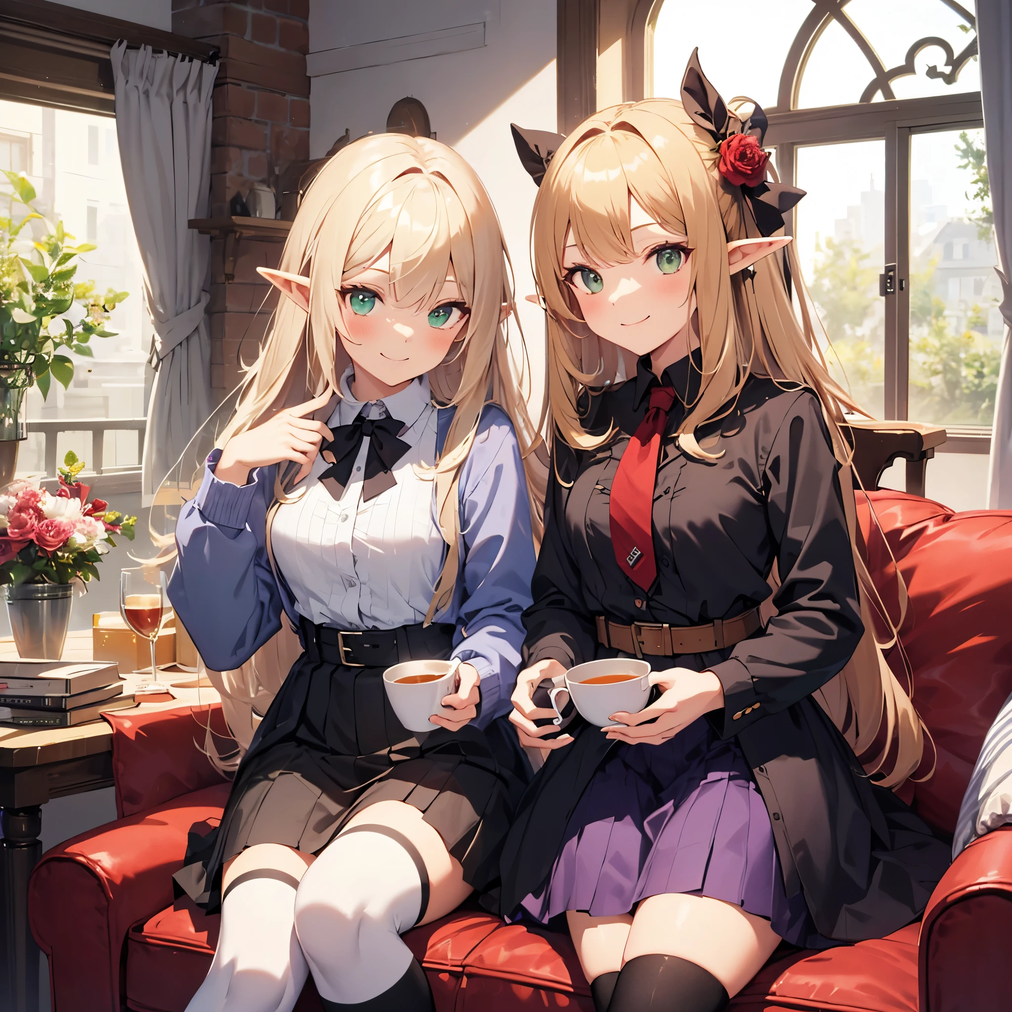 two elf girls sitting on a sofa drinking tea talking to one another and smiling, 2girls, multiple girls,purple dress, smile, green eyes, sitting,purple dress,tie, blonde hair, thighhighs, cup, looking at viewer, blonde long hair,shirt, skirt, window, kneehighs, basket,flower, blush,shirt,