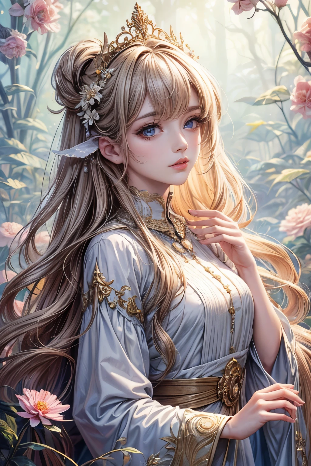 (melhor qualidade,8K,CG),parte superior do corpo detalhada, garota,Fundo floral da floresta,Características faciais complexas,Cabelo longo e cacheado elegante,olhos grandes em formato de amêndoa,Maquiagem detalhada dos olhos,cílios longos,estrelas cintilantes,detalhes requintados dos lábios,Estilo suave e harmonioso.