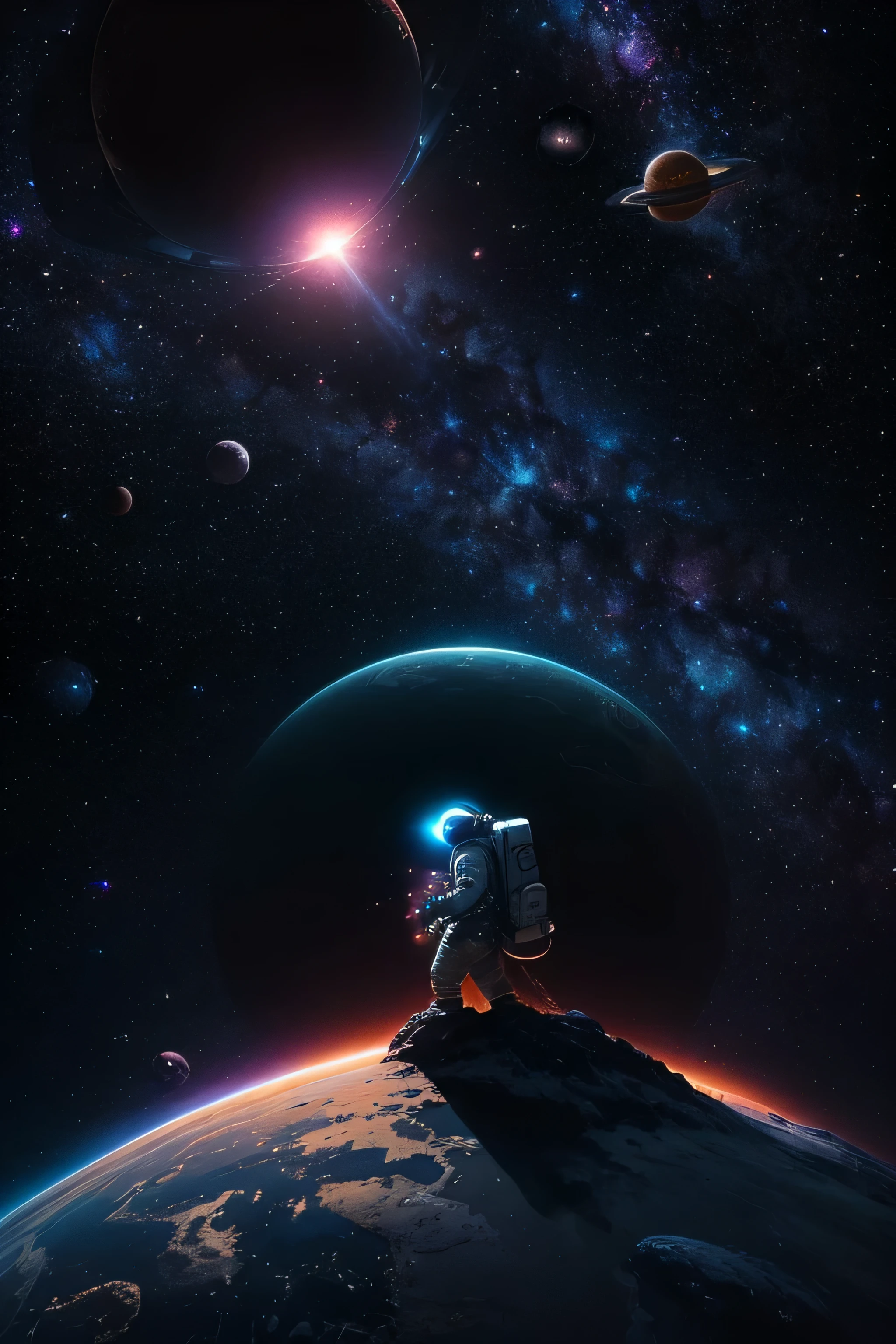 (Melhor qualidade,high resolution),(realista:1.37),astronauta,hands,planeta Terra,space,estrelas,cosmic dust,satellites,spacecraft,spacesuit,lindo capacete detalhado,distant galaxies,buraco negro,nebulosas,sistema solar,gravidade zero,darkness,deep space,universo,colorida,Luz brilhante,lua,exploration,tecnologia futurista,inspirador,aventura,desconhecido,galactic day,possibilidades ilimitadas,peaceful solitude,incredible view,cosmic perspective,eternidade,scientific discovery,spatial dimensions,majestoso,sereno.