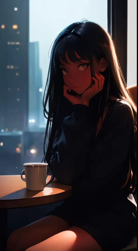 ((masterpiece, best quality, ultra detailed, ultra high res)), ((night)), (distant), chiaroscuro, coffee, indoors, solo focus, pov, (through the window), (armrest), 1 black girl, facing away, black hair, long hair, distracted, sitting, fuzzy sweater shirt,...