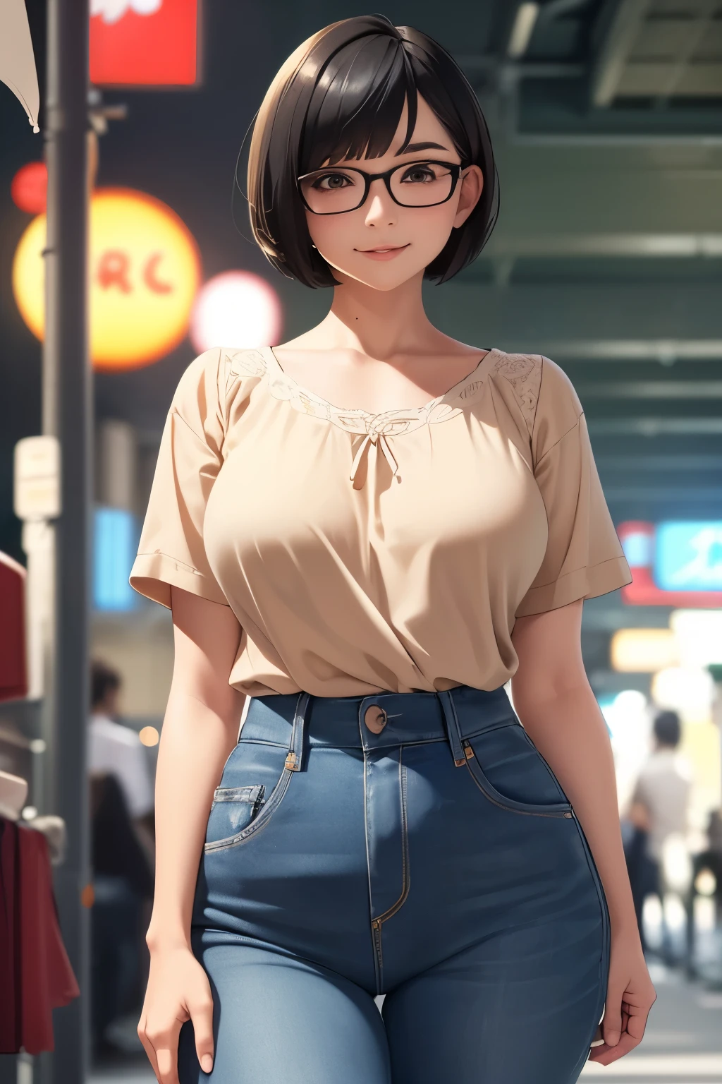 (extremely details CG, Unity, 8K Wallpapertremely delicate and beautiful), (​masterpiece), (top-quality:1.0), (超A high resolution:1.0), ((perfect proportion shot:1.0)), beautiful vibrant lighting, realistic shadow, [high resolution], round cute face, round brown eyes, soft angled brow, 22 years old, shy, smile, timid, scared, ((black hair)), ((pixie bob cut very short hair)), glasses (((medium breasts size))), plumpy body shape, tokyo city street, brown pastel blouse, sky blue long jeans, ((waist up shot)))