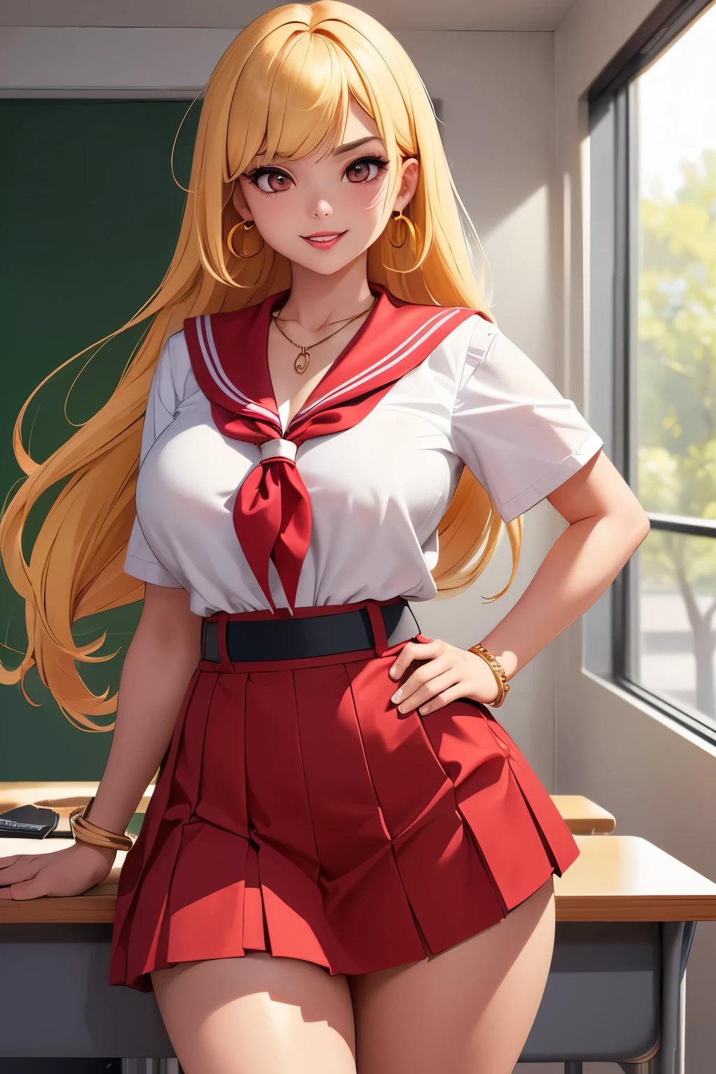 (extremely details CG, Unity, 8K Wallpaper extremely delicate and beautiful), (​masterpiece), (top-quality:1.0), (超A high resolution:1.0), ((perfect proportion shot:1.0)), beautiful vibrant lighting, realistic shadow, [high resolution], tanned skin, cute face, round eyes, red contact lens, slanted angled brow, 17 years old, bold expression, naughty smile, red lips, ((golden dyed hair)), ((tied up hair)), (((medium breasts size))), plumpy body shape, gyaru girl, high school classroom, colorful necklaces, colorful bracelets, earrings, ((white sailor high school shirt)), ((pleated navy skirt)), ((waist up shot))
