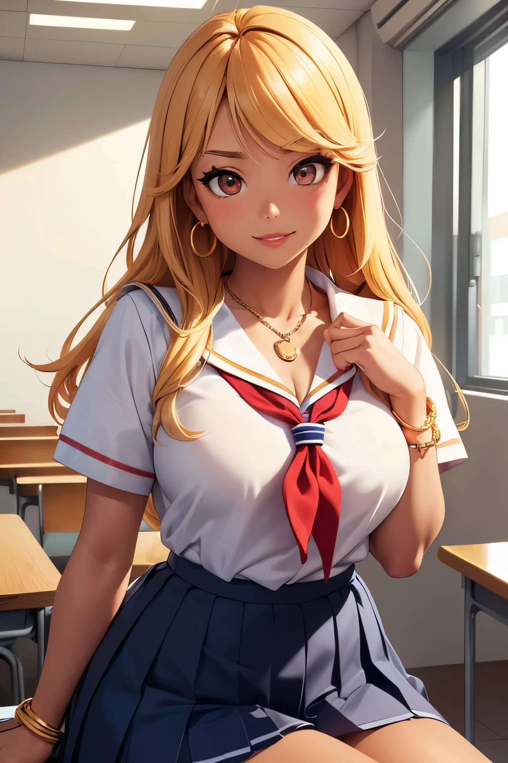 (extremely details CG, Unity, 8K Wallpaper extremely delicate and beautiful), (​masterpiece), (top-quality:1.0), (超A high resolution:1.0), ((perfect proportion shot:1.0)), beautiful vibrant lighting, realistic shadow, [high resolution], ((brown tanned skin)), cute face, round eyes, red contact lens, slanted angled brow, 17 years old, bold expression, naughty smile, red lips, ((golden dyed hair)), ((tied up hair)), (((medium breasts size))), plumpy body shape, gyaru girl, high school classroom, colorful necklaces, colorful bracelets, earrings, ((white sailor high school shirt)), ((pleated navy skirt)), ((waist up shot))