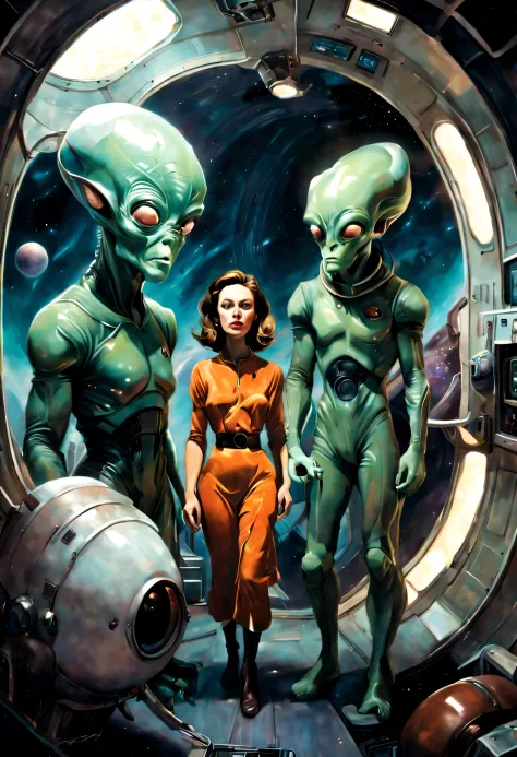 painting of a couple of alien men and a woman in a space station, retro sci - fi art, inspired by Kelly Freas, by Dave Arredondo...