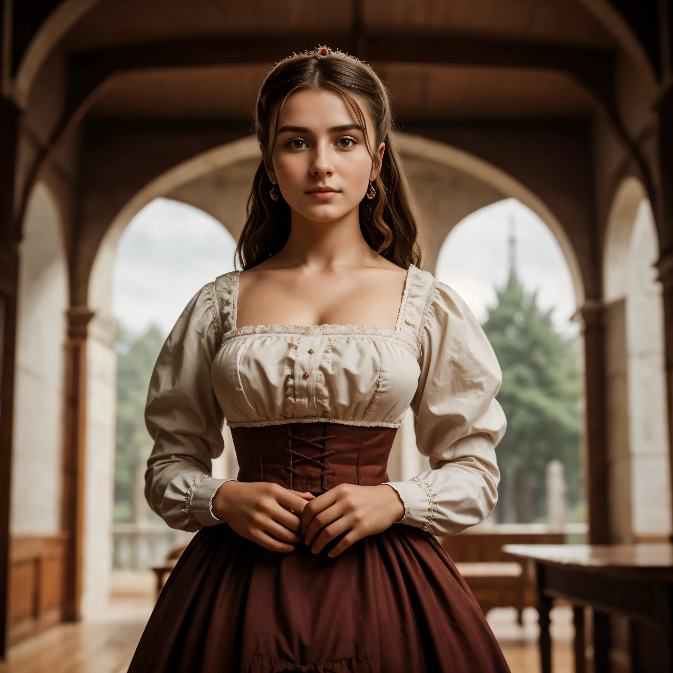 RAW photo. Anna Karenina 22 years old, wearing period clothes, Russia, 19th century AD, perspective, half body detailed, sharp focus, slight blend, detailed, feel like medieval, (high skin detailed: 1,2), 8K UHD, Digital single-lens reflex camera, soft light, high quality, Fujifilm XT3 grainy film.