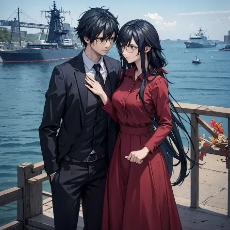 a man in black casual clothes holding the hand of a woman in a red dress in a naval port
