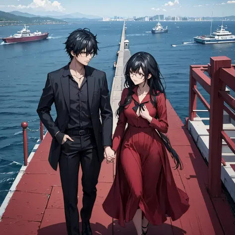a man in black casual clothes holding the hand of a woman in a red dress in a naval port
