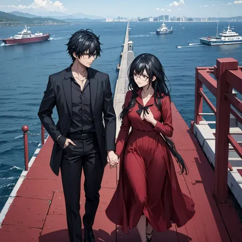 a man in black casual clothes holding the hand of a woman in a red dress in a naval port