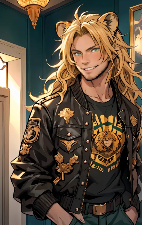 One male, lion ears, long hair, blond, blond hair, green eyes, tall, muscular, black bomber jacket, beautiful face, highest qual...