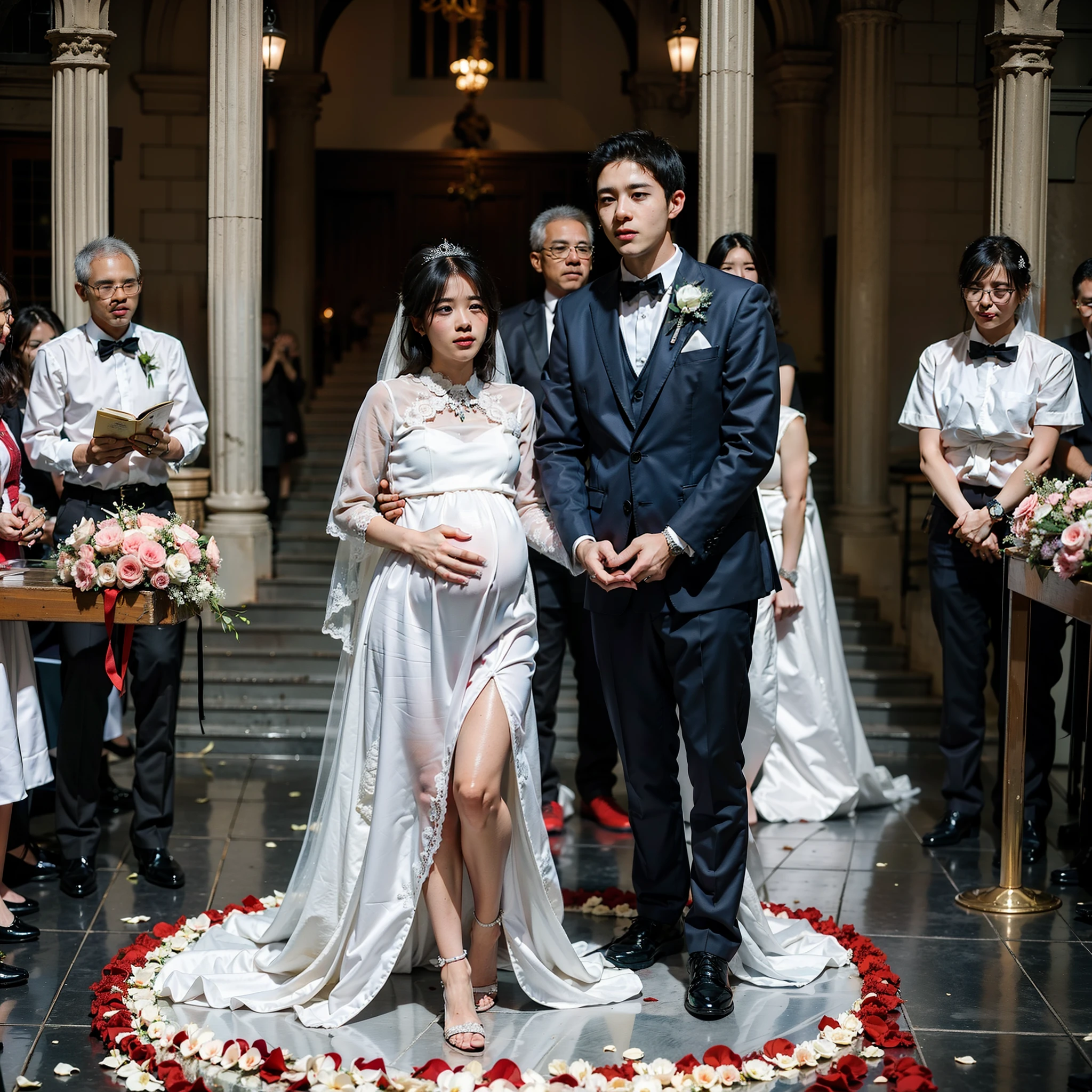 Bride and groom standing in front of a circle of flowers - SeaArt AI