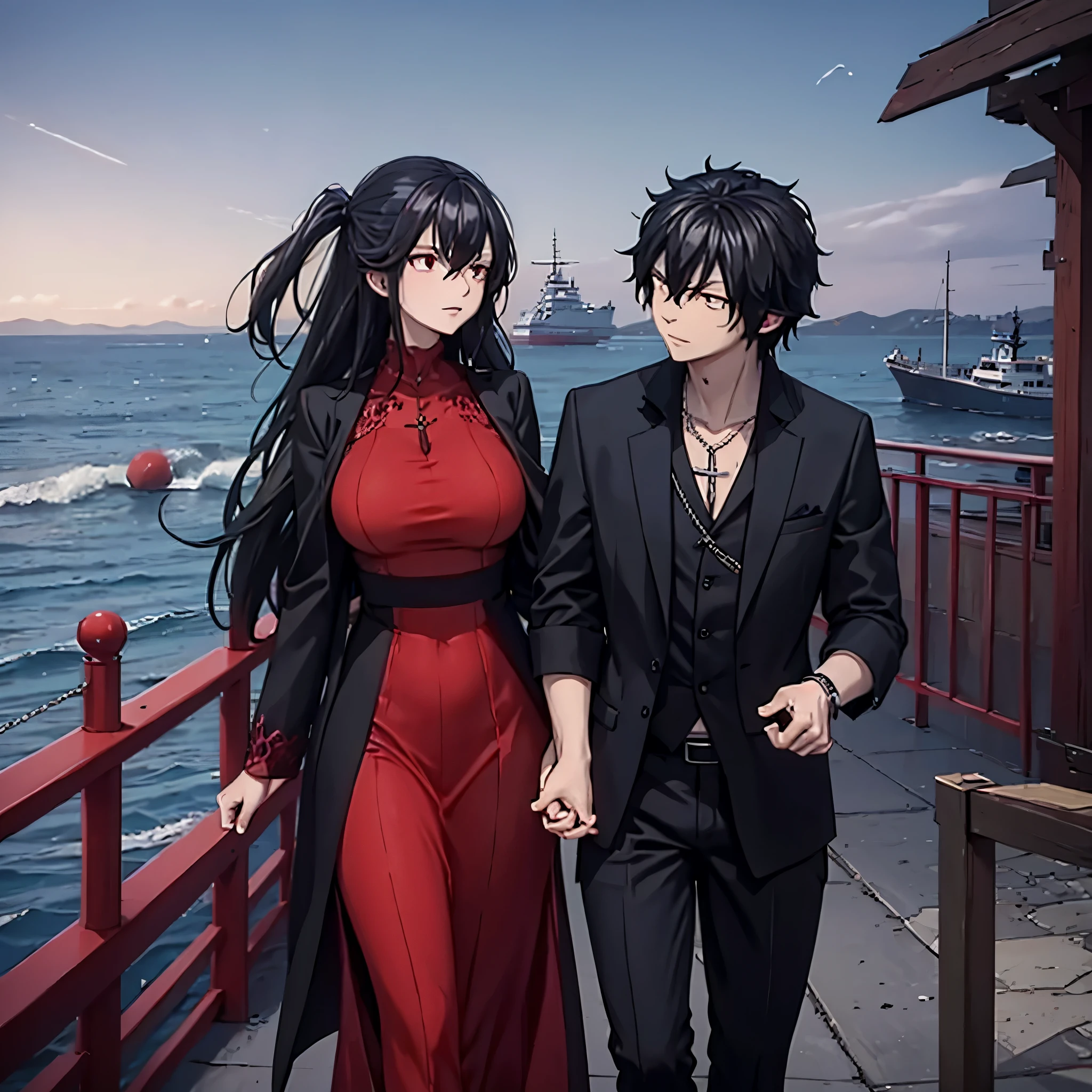 a man in black casual clothes holding the hand of a woman, red eye, in a red dress in a naval port
