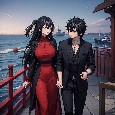 a man in black casual clothes holding the hand of a woman, red eye, in a red dress in a naval port
