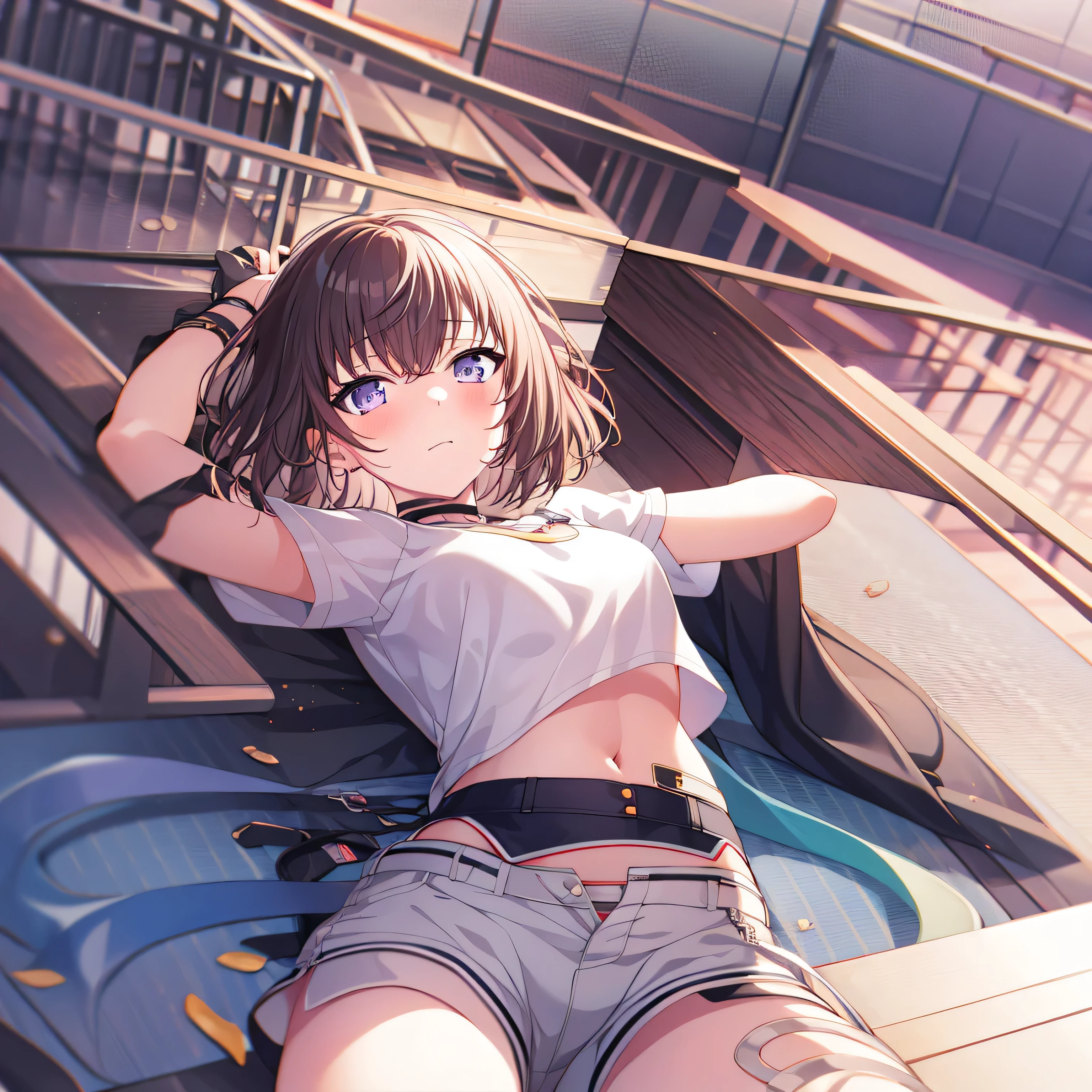 1 girl, alone, purple_Eyes, navel, shortackground, existe_Eye_closure, white_Background, short_hair, shirt, Black_hair, breast, white_shorts, white_shirt, short_sleeve, lie, blush, Bangs, watching_exist_audience, exist_Back, diaphragm, blunt_Bangs, short_shorts, Moderate_breast, closure_Mouth, 