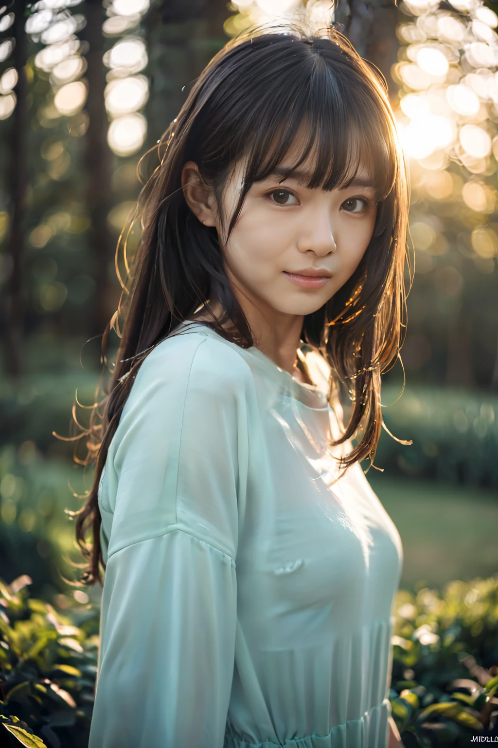 Photorealistic, CinemaScope, FilmSteel, a japanese girl, feminin pose, urban wears, messy hair, forest, sunset time, Realism, bumps on the skin