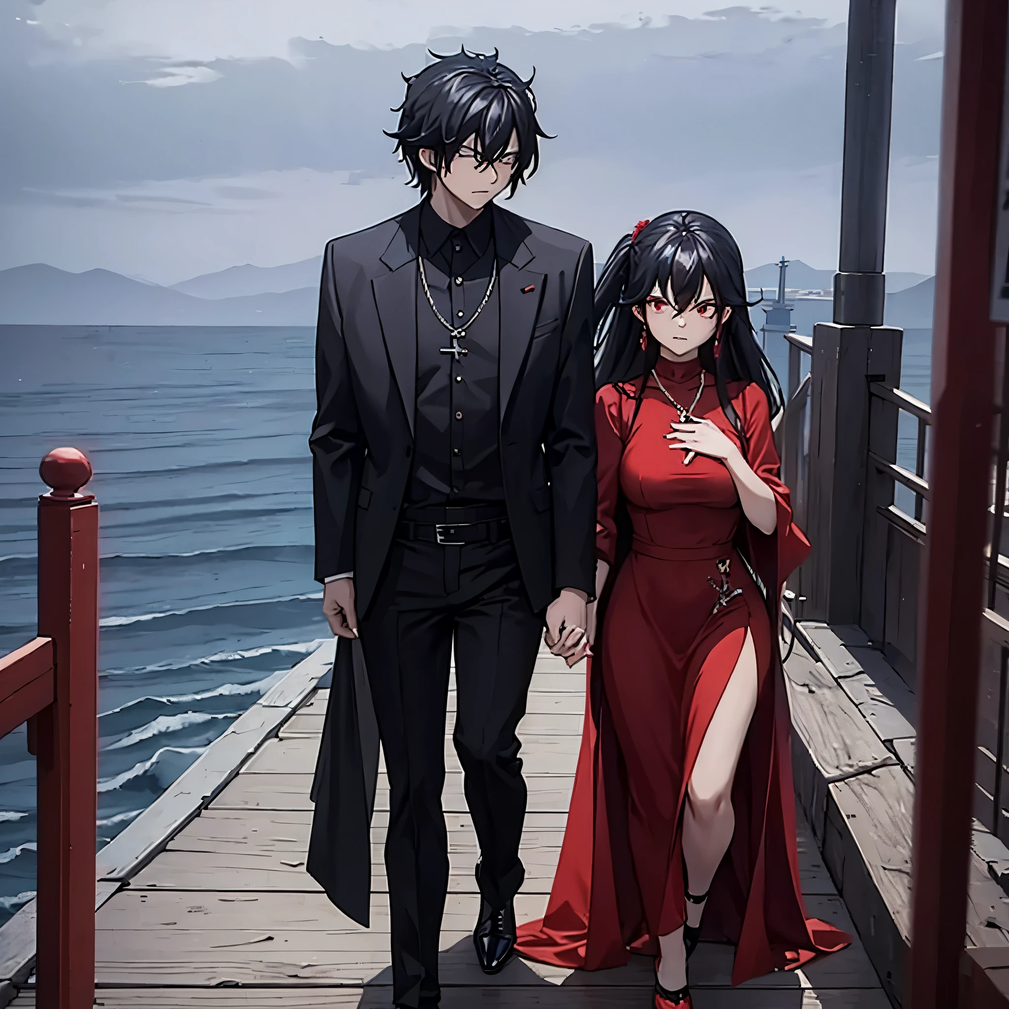 a man in black casual clothes holding the hand of a woman, red eye, in a red dress in a naval port
