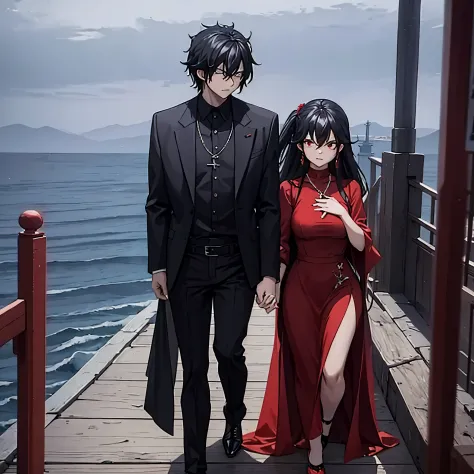 a man in black casual clothes holding the hand of a woman, red eye, in a red dress in a naval port