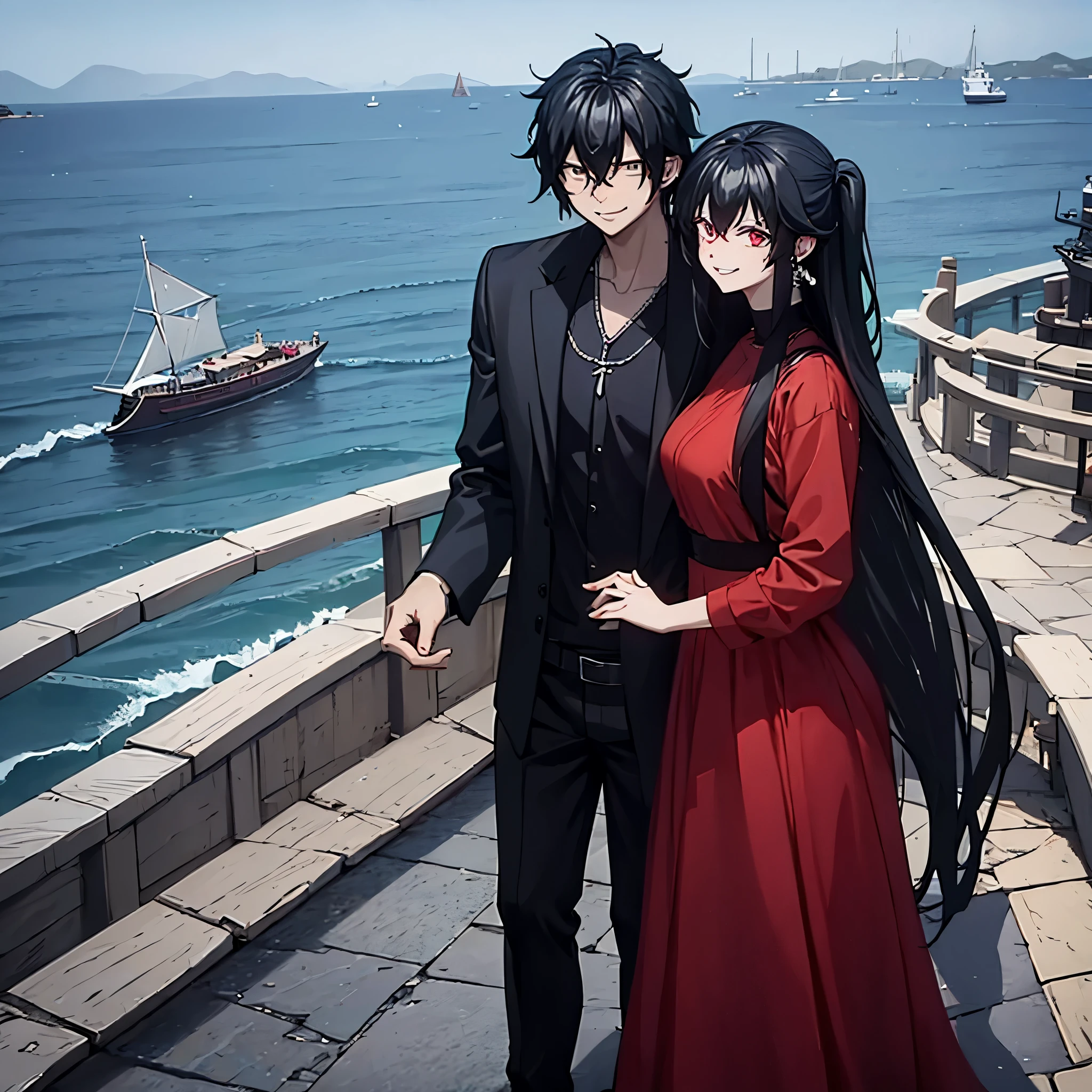 a man in black casual clothes holding the hand of a woman, red eye, smiling in a red dress in a naval port
