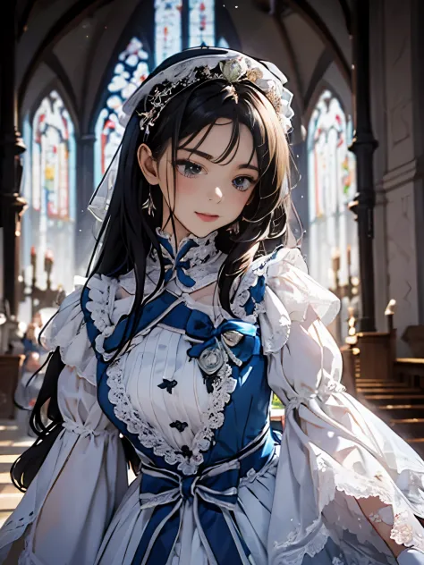 in front of the altar of a majestic church、（blurred background）、brighter light、golden long hair girl、classic white wedding dress...