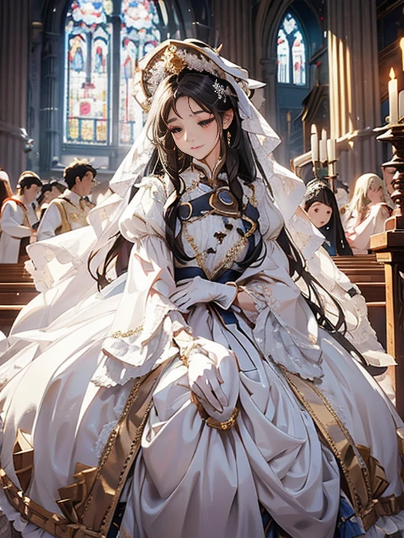 Frente al altar de una majestuosa iglesia、（Fondo borroso）、luz más brillante、chica de pelo largo dorado、Vestidos de novia blancos clásicos、（brillo elegante）、（muchas carreras）、muchas cintas、((Mangas voluminosas abullonadas))、puños largos con muchos botones、bordado dorado、tren largo、guantes bordados blancos、cinco dedos、risa、Enrojecimiento de las mejillas