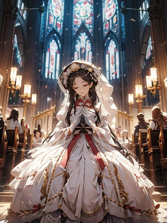 In front of the altar of a majestic church、（blurred background）、brighter light、golden long hair girl、Classic White Wedding Dresses、（elegant luster）、（Lots of races）、lots of ribbons、((voluminous puff sleeves))、long cuffs with many buttons、golden embroidery、long train、white embroidered gloves、five fingers、laughter、Redness of the cheeks