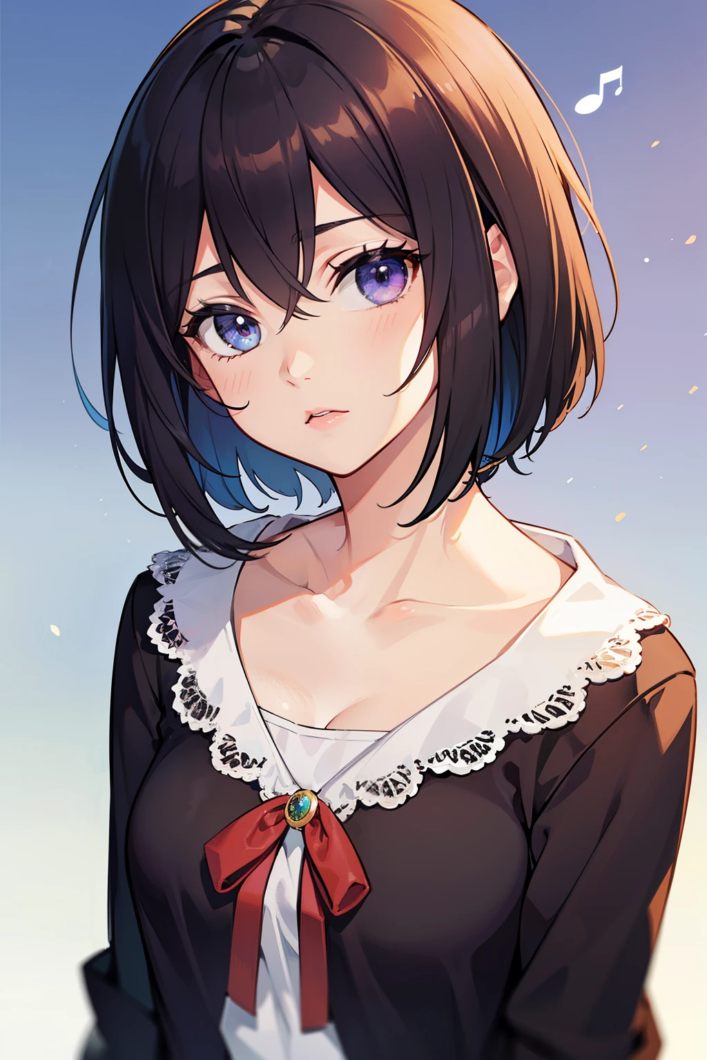 (high-quality, breathtaking),(expressive eyes, perfect face) 1female, girl , solo, teenager, asian woman hairstyle, short hair length, soft wave, black hair color, Heterochromia left eye blue and right eye purple, short white dress, black long sleeved cardigan, blue and purple background, music
