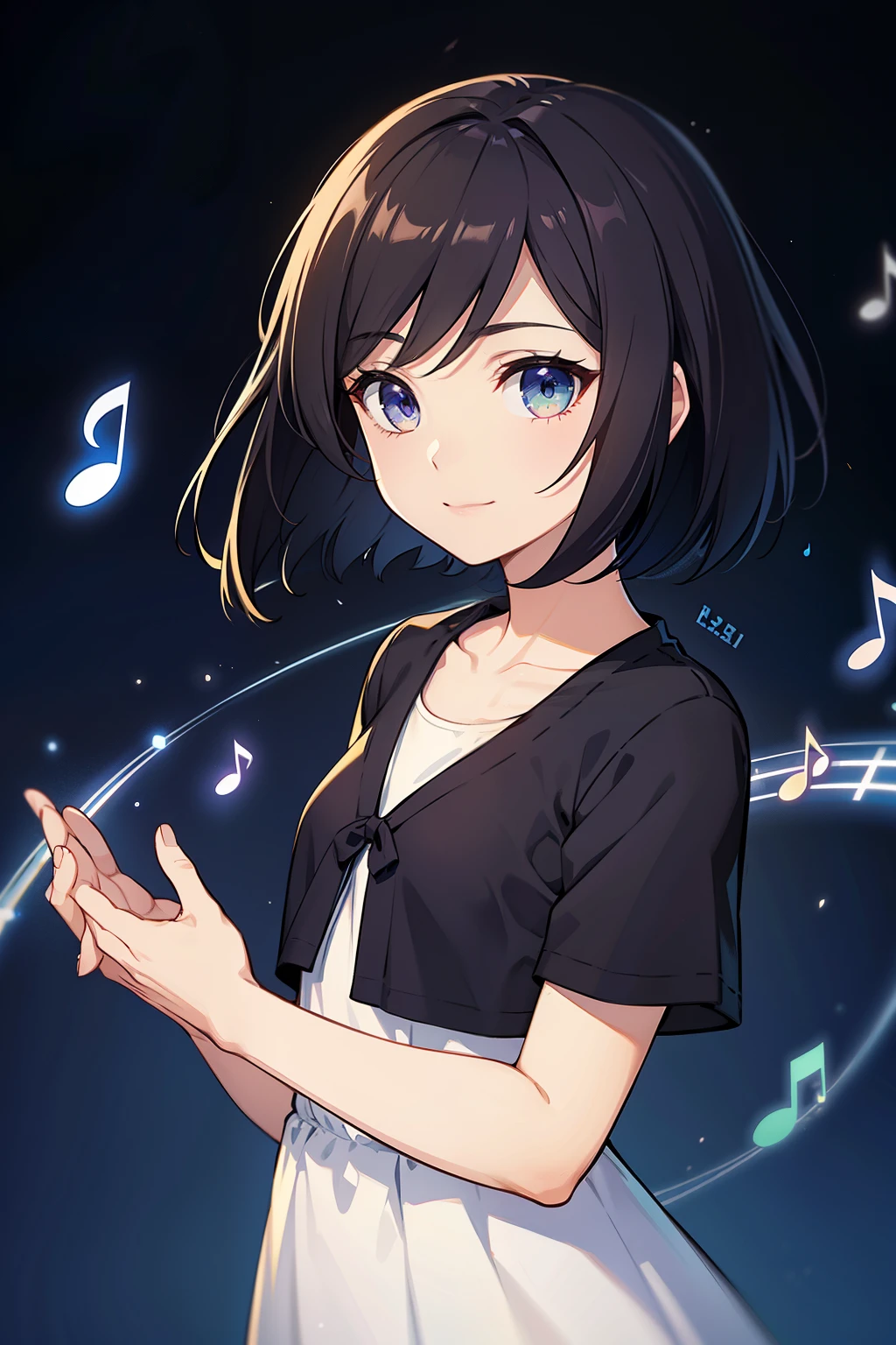 (high-quality, breathtaking),(expressive eyes, perfect face) 1female, girl , solo, teenager, asian woman hairstyle, short hair length, soft wave, black hair color, Heterochromia left eye blue and right eye purple, short white dress, black long sleeved cardigan, blue and purple background, music, gentle smile, swirls in background, music notes background, beautiful background
