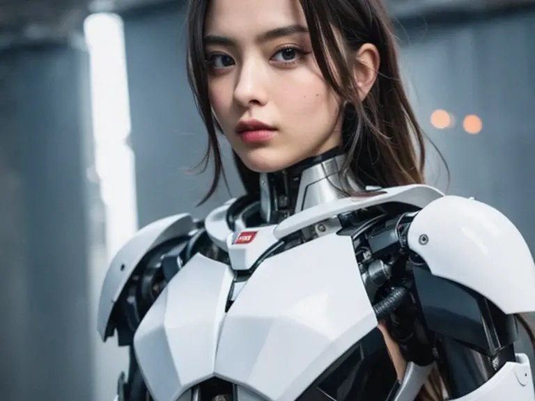 arafed woman in a futuristic suit with a sword and armor, porcelain cyborg armor, beutiful girl cyborg, beutiful white girl cybo...