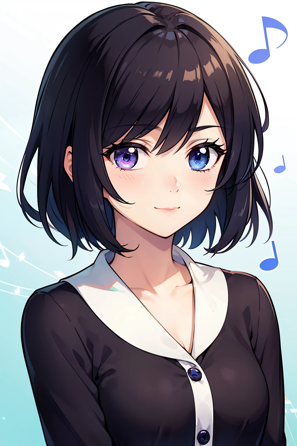 (high-quality, breathtaking),(expressive eyes, perfect face) 1female, girl , solo, teenager, asian woman hairstyle, short hair length, soft wave, black hair color, Heterochromia left eye blue and right eye purple, short white dress, black long sleeved cardigan, blue and purple background, music, gentle smile, swirls in background, music notes background, beautiful background
