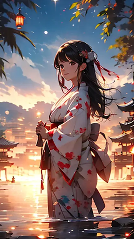 highest quality、masterpiece、girl、cute、black hair、breast enhancement、red kimono、Japanese clothing、new year、dragon、beautiful scene...