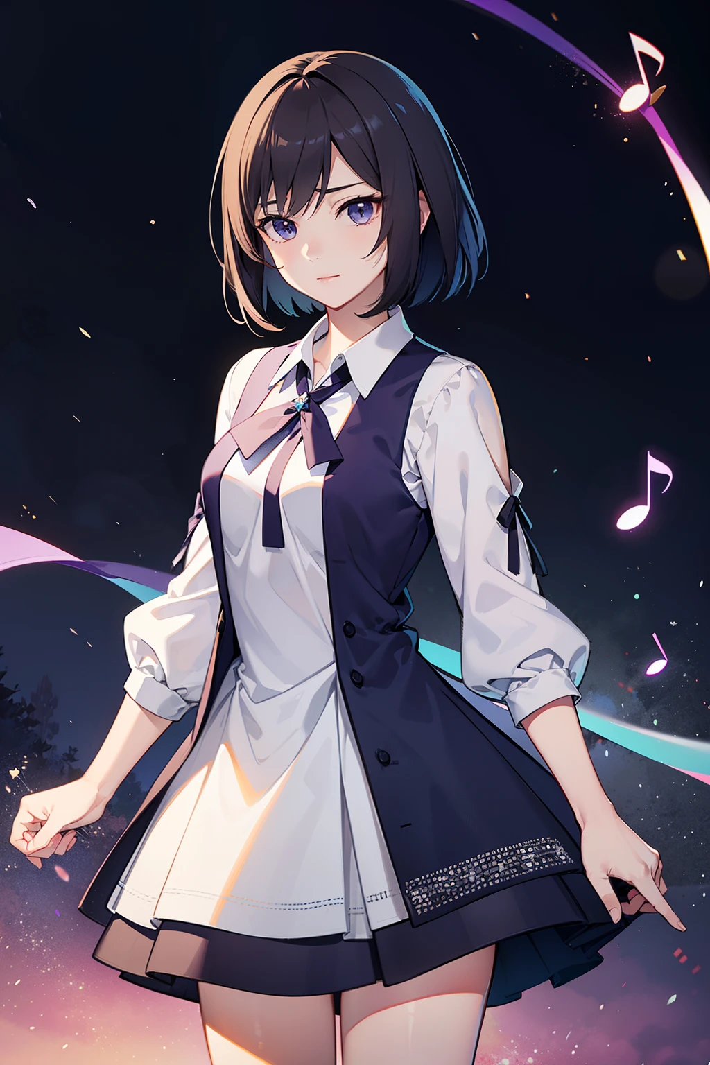 (high-quality, breathtaking),(expressive eyes, perfect face) 1female, girl , solo, teenager, asian woman hairstyle, short hair length, soft wave, black hair color, Heterochromia left eye blue and right eye purple, short white dress, black long sleeved cardigan, blue and purple background, music, gentle smile, swirls in background, music notes background, beautiful background, clothes similar to Yuri Kozukata Fatal Frame
