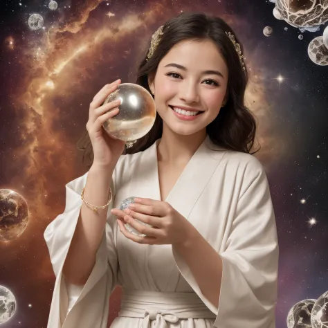 Create a charming and mystical fortune teller girl with a playful smile, dressed in flowing robes adorned with celestial symbols...